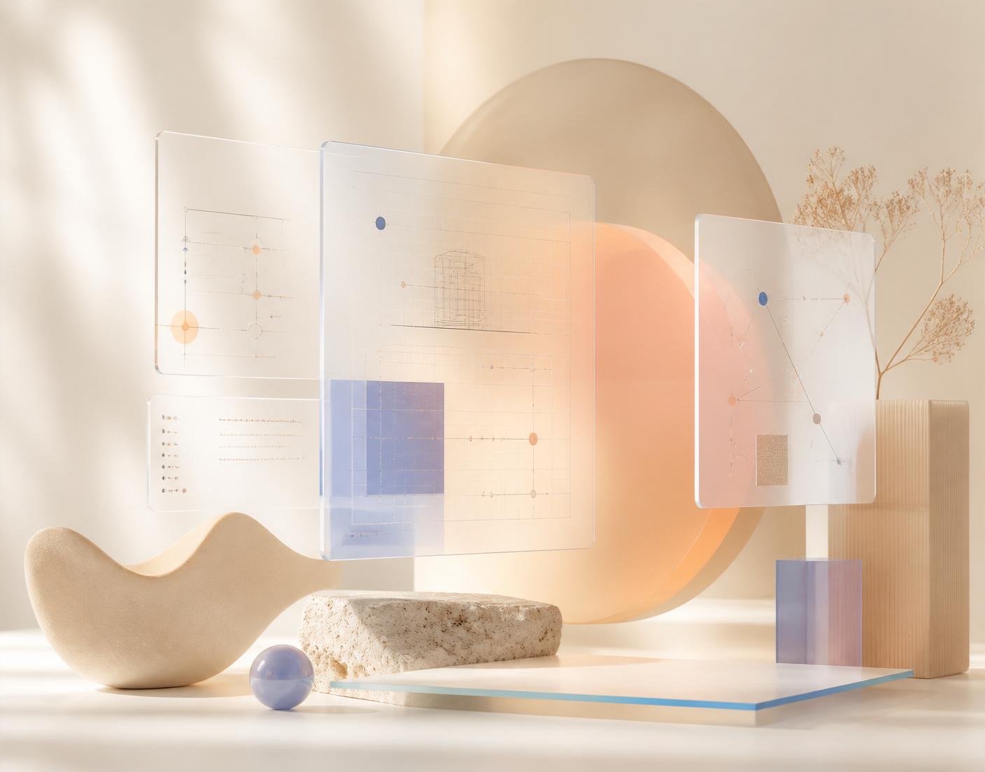 Abstract 3D still life of floating glass panels, wireframes, and sculptural objects representing Adrian's design practice.