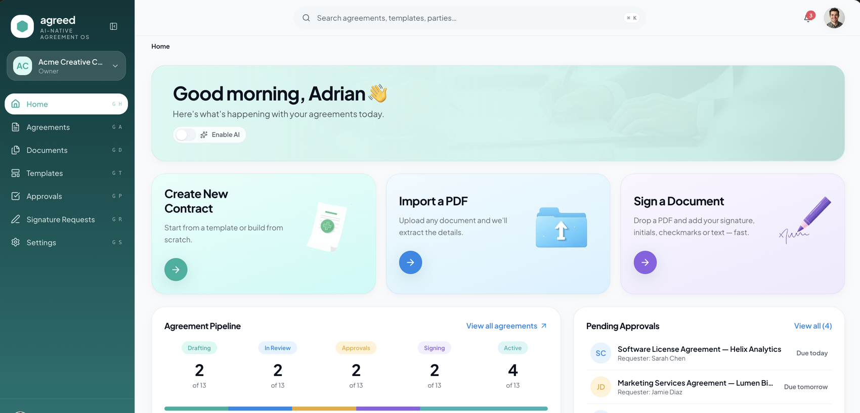 Agreed contract editor with an AI drafting panel, approval workflow steps, and signature status for each party.