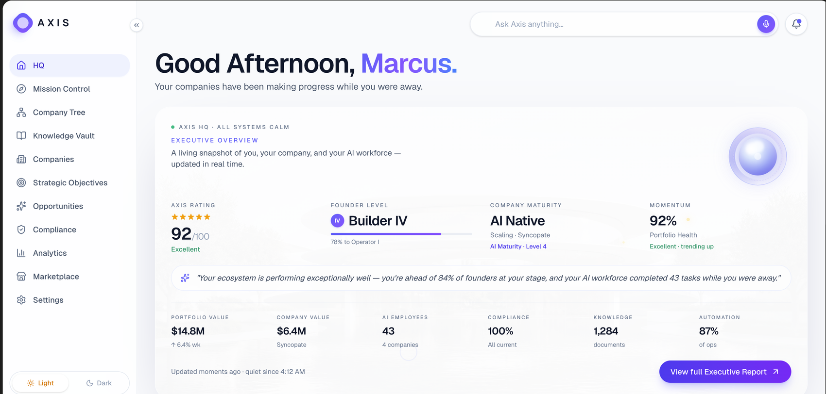 Axis workspace showing department assistants in a sidebar, a shared knowledge hub, and an automated workflow in progress.