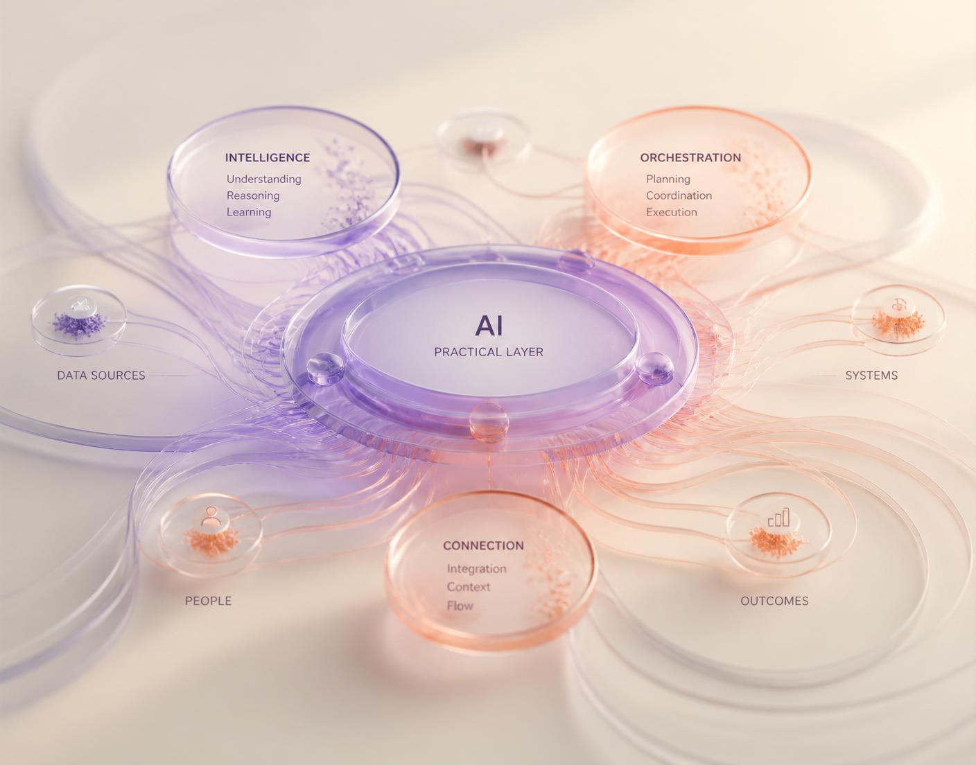 Translucent nodes linked by glowing threads into a branching network, suggesting an agentic AI system.