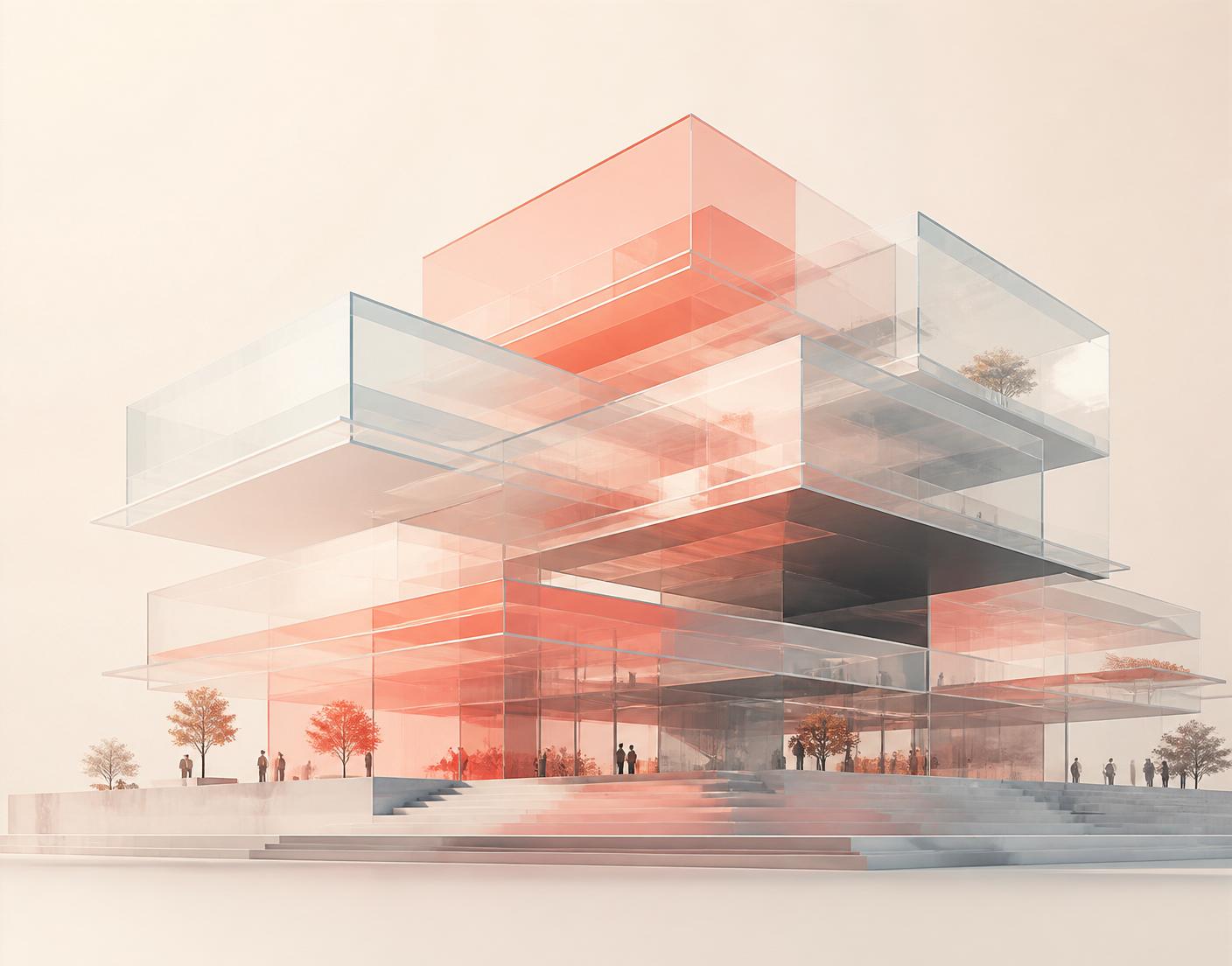 Interlocking glass blocks arranged into an ordered structure, suggesting a large organization being rebuilt.
