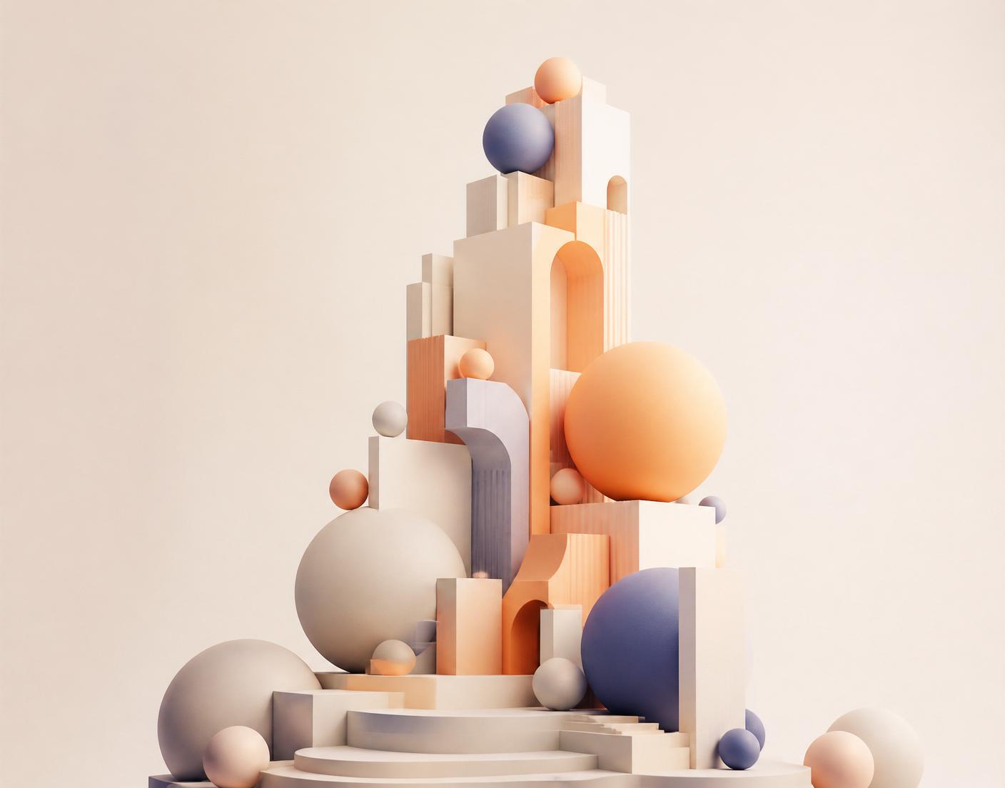 Sculptural 3D forms rising in stages from a soft platform, suggesting early ideas growing into companies.