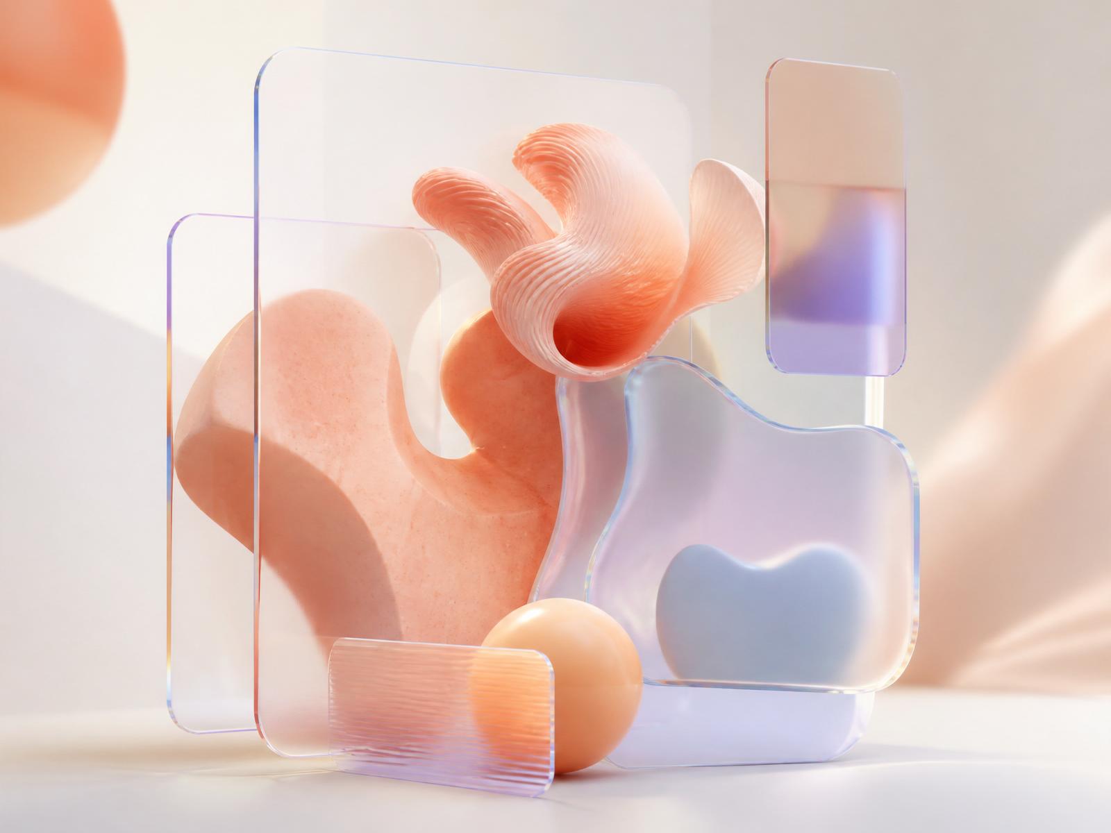 Layered translucent glass panels and soft sculptural forms, representing software assembled from connected systems.
